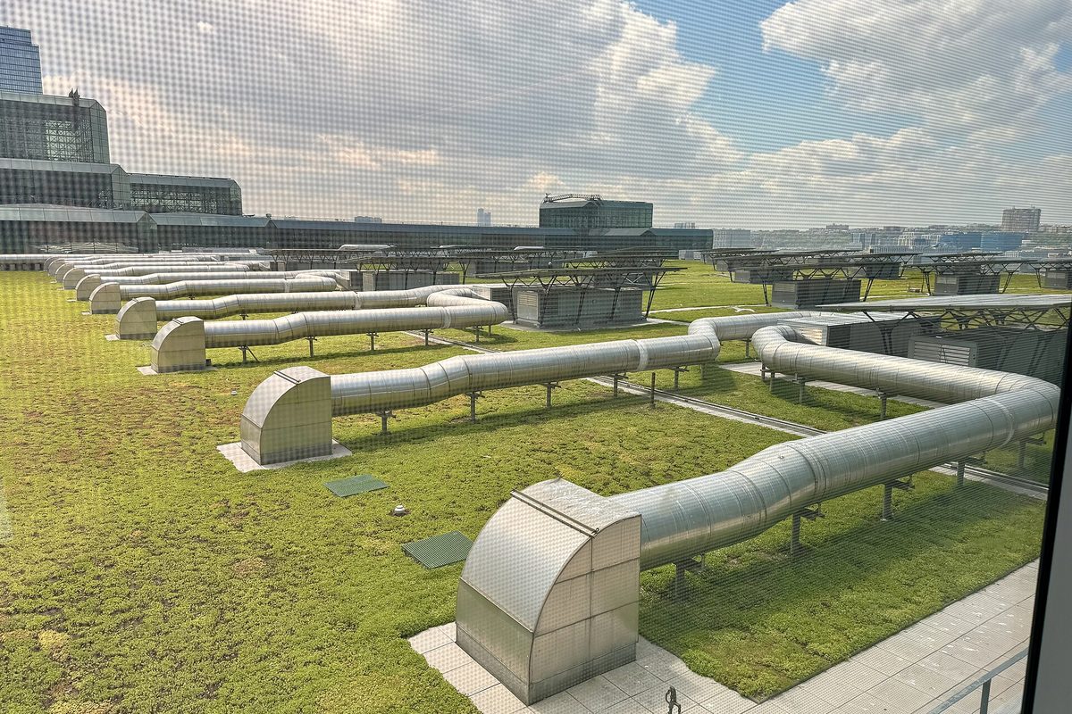 Rooftop ductwork installed on a building